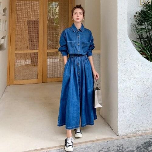 2021 Fashionable Retro Mid-length Waist Denim Dress Women Spring Autumn New Casual Single-breasted Dress Women D50