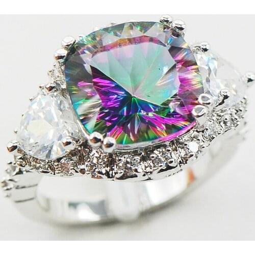 Rainbow Crystal Zircon White Crystal Zircon Women 925 Sterling Silver Ring F943 Size 6 7 8 9 10
