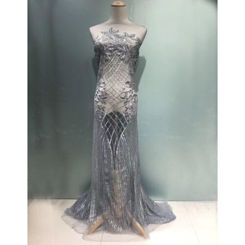 Free shipping (5yards/pc) silver grey African French net lace shining sequins lace fabric with embroidery for party dress FNS126