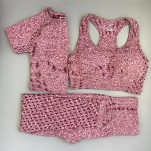 3pcs Seamless Yoga Set Women Fitness Set Gym Clothing Quick Dry High Waist Leggings +Sport Bra+ Short Sleeve Top Sportswear Sui