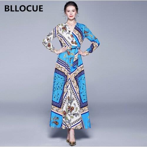 BLLOCUE Runway Dress Designer Fashion Womens Elegant 2020 Spring Christmas Retro Flower Print Long Sleeve Maxi Dress