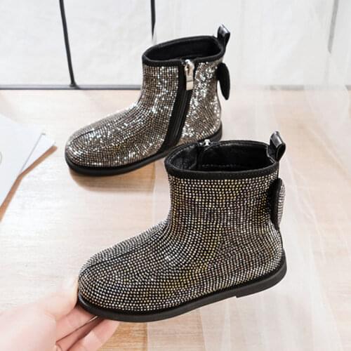 Little Girls Sparkly Boots Adorable Glitter Shiny Black Shoes Princess Party Shoes for Winter New Years Gift Flat Shoes 4t 5t 6
