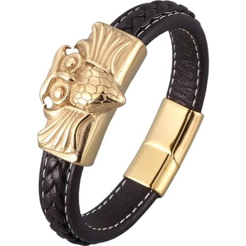 Charmsmic New Owl Shape Brown Leather Braided Bracelets for Men Bangles Gold Stainless Steel Party Jewelry Male Gifts PD0922