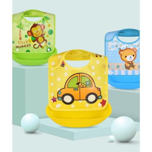 Cartoon printed baby safety bibs for boys and girls bibs waterproof soft silicone bibs for children with pocket bibs