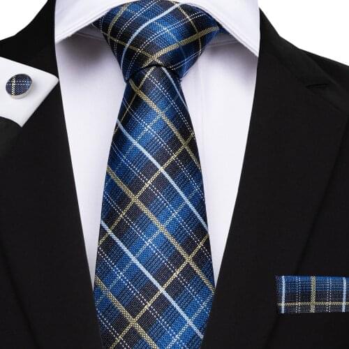 DiBanGu 2019 New Blue Black Yellow Tie 100% Silk Plaid Tie for Men Hanky Cufflinks Ties Business Wedding Party Tie Set SJT-7133