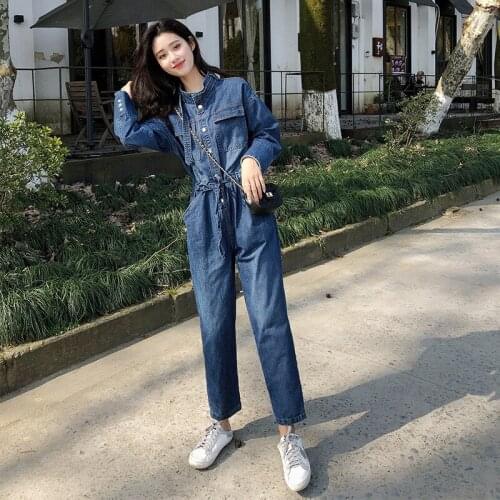 Denim Overalls Womens Jean Tooling Jumpsuits Spring Autumn Long Sleeve Washed Jeans Casual One Piece Rompers Long Pants Y175
