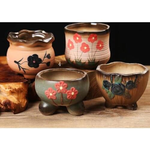 Korean Style Ceramic Succulent Flowerpot Handmade Crafts Planter Floral Pattern Vase Office Desktop Ornaments Graden Home Decor