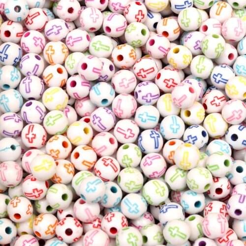 50Pcs 8mm Cross Pattern Round Acrylic Beads For Jewelry Marking Bracelet Charm Needlework Accessories Jewelry Finding Decoration
