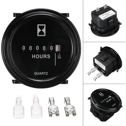 Round Hour Meter 12V 24V Mechanical Counter Quartz Timer Waterproof Black Boat Marine Gauge For Moto Car Trucks Instruments