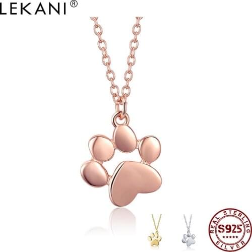 LEKANI 100% Genuine 925 Sterling Silver Necklace Cute Animal Dog And Cat Footprints Paw Pendants Necklaces Unisex Fine Jewelry