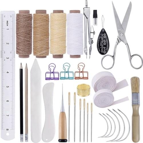 LMDZ 32Pcs Hand Bookbinding Tools Kit Edged Scoring Folder Sewing Thread Ruler Needles Tool Set for Bookbinding Bone Folder Set