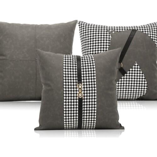 Simple grey horse cushion cover pu leather pillowcase waist buckle throw pillow cover for backrest