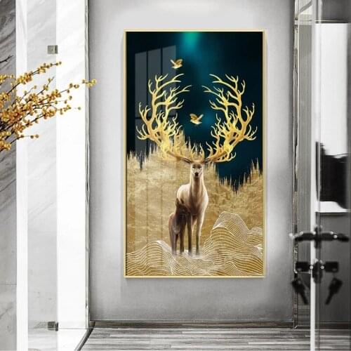 1 Pcs Poster Gold Deer Tree And Bird Canvas Painting Golden Night Wall Art Print Modern Picture For Living Room Home Decor Gifts