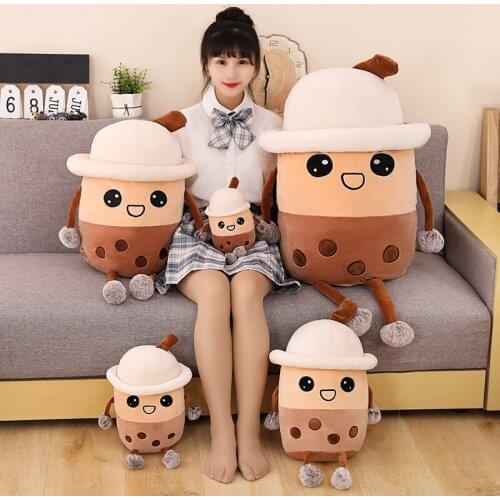 Dropshipping cartoon bubble tea cup shaped pillow real-life pearl milk tea plush toy stuffed soft back cushion funny boba food