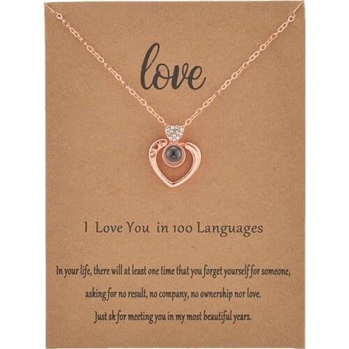 With Card Crystal 2 Heart 100 Language I love You Necklace For Women Wedding Letter Necklace Jewelry Drop Shipping