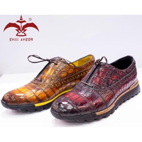 Ur Shoes Perfect! 100% Genuine Leather Crocodile Sneakers Men Lady Casual Boston Shoes Handmade Custom Patina Orange Burgundy