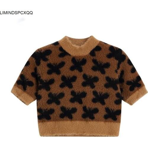 O Neck Pullover Crop Sweater Or Knitted Tops Women Short Sleeve Plush Retro Streetwear Party Club Bar Sexy Slim Elastic Knitwear