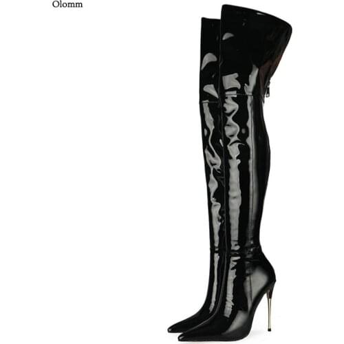 Olomm Handmade Women Winter Thigh Boots Patent Leather Sexy Stiletto Heel Pointed Toe Black Party Shoes Women US Size 5-13