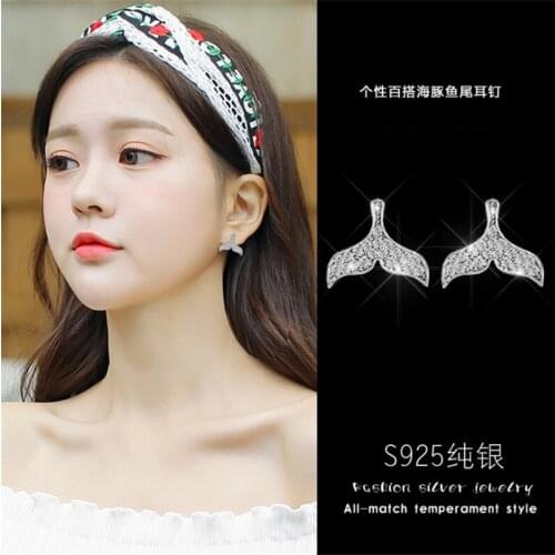 Luxury Korean Mermaid Tail Bling Cubic Stones Stud Earings 925 Sterling Silver Dolphin Tail Fashion Jewelry 2020 For Women Girls