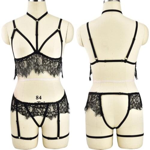 Women Fetish Black Lace Body Harness Bra Set Wear Cage Bra Garter Belt Harness Harajuku Gothic Style Crop Top Bondage Lingerie