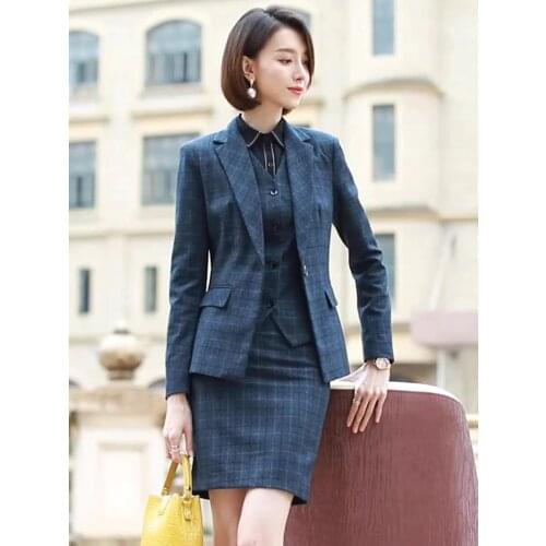 2020 fashion 3 piece set women suits plaid design formal jacket vest office lady work wear winter business skirt suit female XXL