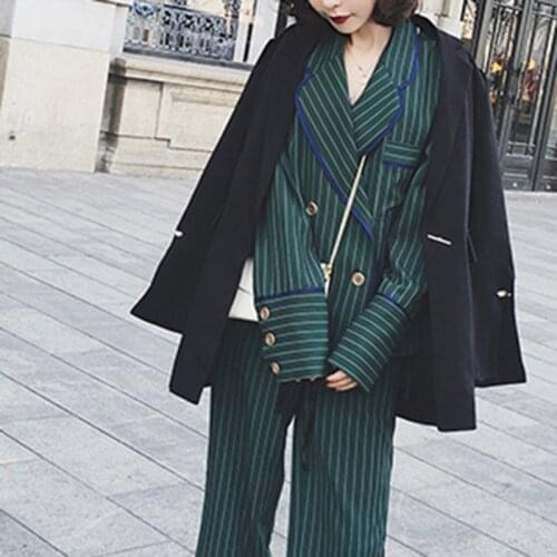 RUGOD 2020 Women Casual Blazer Suits Turn-down Collar Striped Jacket Ankle-length Pant Female Two Pieces Set Homewear Four Sizes