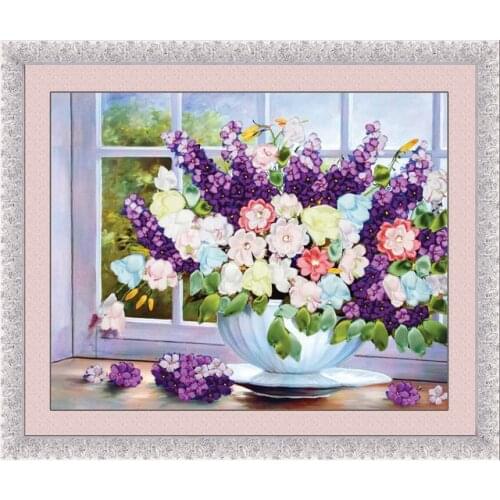 60*50CM 3D flower vase on window Ribbon embroidery kit handcraft kit DIY handmade needlework hand sewing art wall home decor