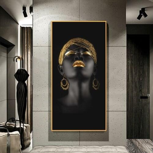 African Art Black Woman With Golden Headdress Canvas Paintings On The Wall African Girl Posters And Prints Wall Art Cuadros