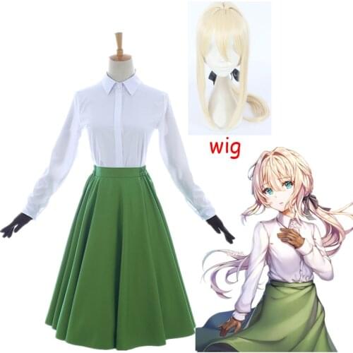 Anime Violet Evergarden Auto Memory Cosplay Costume White Blouse Green Dress Gloves Set Uniform Casual Daily Shirt