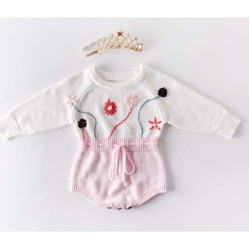 Infants Bodysuits Baby Girls Knit Clothes Hand-Emobrodiery Knitted Conjoined Suit Of Pure Cotton Long-sleeved Crawling Clothes