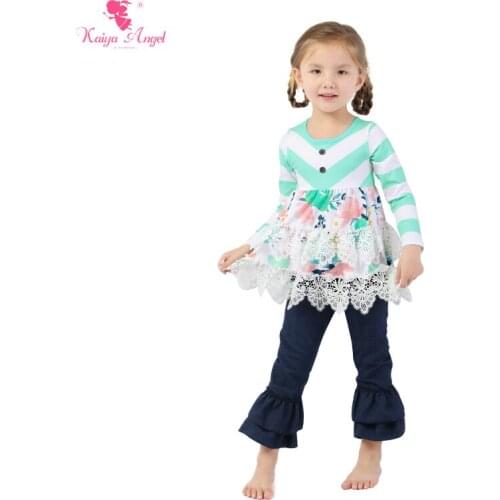 Kaiya Angel Toddler Outfit Kids Suit for Girls Flower Top White Embroidery Lace Ruffled Jeans Spring Summer Autumn wholesale