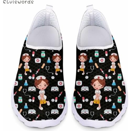 ELVISWORDS Lovely Cartoon Nurse Girls With First Aid Kit Pattern Flats Shoes for Women Light Slip-on Walking Shoes Femme Loafers