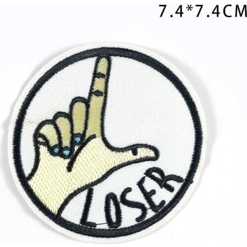 Fine Round Rock Loser Gesture Embroidery Badges Diy Letters Appliques LOSER Iron on Patches for Clothing Coats Hat Girl Stickers