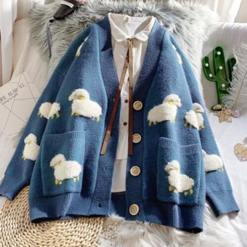 2021 Autumn New Women Fashion Long Sleeve Sheep Print Knitted Sweaters Winter Casual Pocket Cardigans Outwear Coat