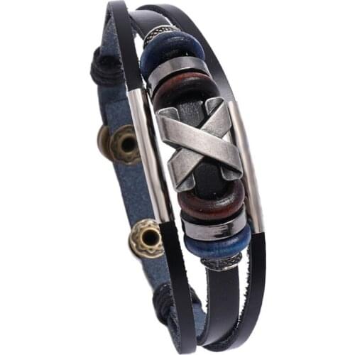 Fashion Punk Black Leather Bracelet Cuff Vintage X Charm Multi-layer Beads Bangle Wrap Wristbands Retro Casual Women Men Jewelry