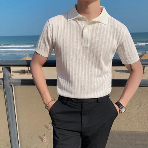 2021 Summer Business Casual Knitted Polo Shirts Men Clothing Solid Slim Fit Short Sleeve Ice Silk Polo Homme Lapel Clothes