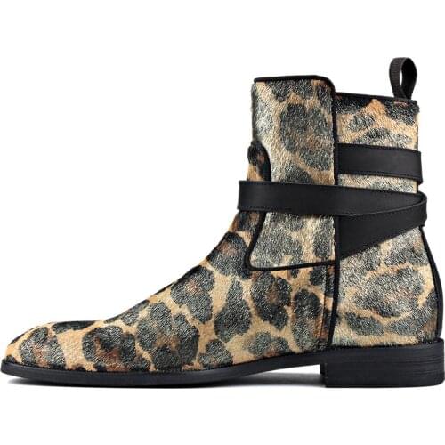 Men Chelsea Ankle Boots Genuine Horse Leather Horse Hair Leopard shoes Chelsea Boots with belt designer classic footwear JY026