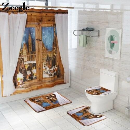 Europe Style Christmas Bath Mat and Shower Curtain Set Bathroom Toilet Carpet Rugs Non Slip Absorbent Bath Mat Bathroom Foot Pad