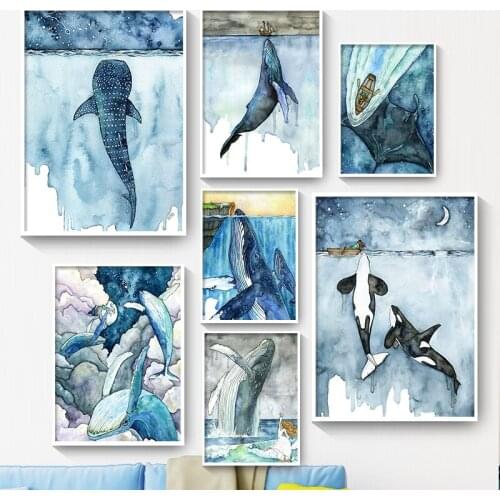 Wall Art Picture For Home Decor Unframed Lovely Whale Canvas Painting Watercolor Sea Animals Posters and Prints for Living Room