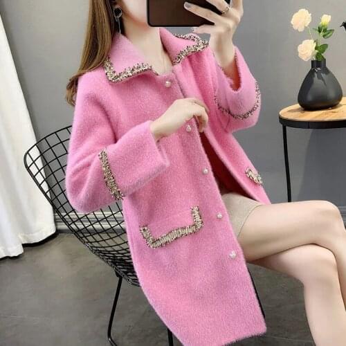 Small Fragrance Style Mink Velvet Mid-Length Coat New Women Cardigan Thickened Autumn Winter Plus Size Woolen Jacket Ladies A114