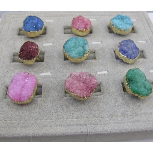 New arrived!High Quality Mixed Geode Drusy Cluster Ring gem stone jewelry ring 10pcs/lot Adjustable