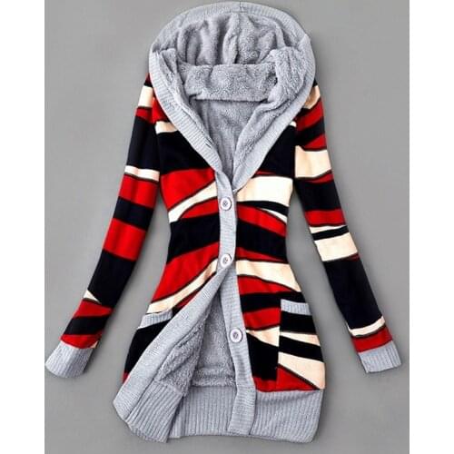 New Velvet Printed Hooded Knitted Cardigan Jacket Plus Size Winter Clothes for Women