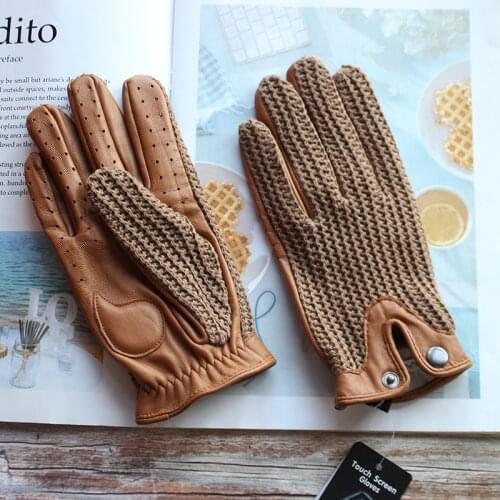 High quality new leather mens driving non-slip gloves touch screen sheepskin knitted breathable riding motorcycle gloves