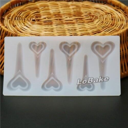 Latest 6 cavities heart with stick shape stampi in silicone chocolate biscuit mold candy fondant mould for bakery