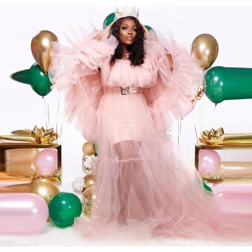 Extra Puffy Tulle Robes For Women Plus Size Birthday Party Tulle See Through Sheer Tulle Maternity Dresses Fluffy Tulle Dress