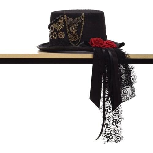 Steampunk Top Hat Gothic Lolita Women Cosplay Red Rose Gear Chain Black Victorian Party Fedora