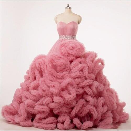 Luxury Ruffled Tulle Pregnant Bridal Gown Fluffy Cloud Long Train Crystal Burgundy Cloud Ball Gown Wedding Dresses Robe De Maria