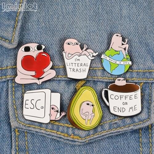 Funny Cartoon Enamel Pin Red Heart Coffee Cup Earth Avocado Brooches Bag Clothes Lapel Pin Badge Jewelry Gift for Men And Women