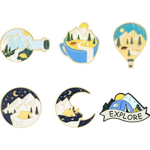 Mountain Peaks And Trees Landscape Lapel Pins Badges Fashion Balloon Cup Shape Enamel Cartoons Anime Brooches Jewelry For Women