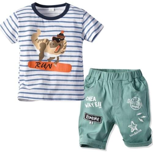 Fashion Summer Newest Toddler Kids Boy Cartoon Dinosaur Clothes Short Sleeve Striped Tops T-shirt+Shorts Pants 2Pcs Outfits 3-7T